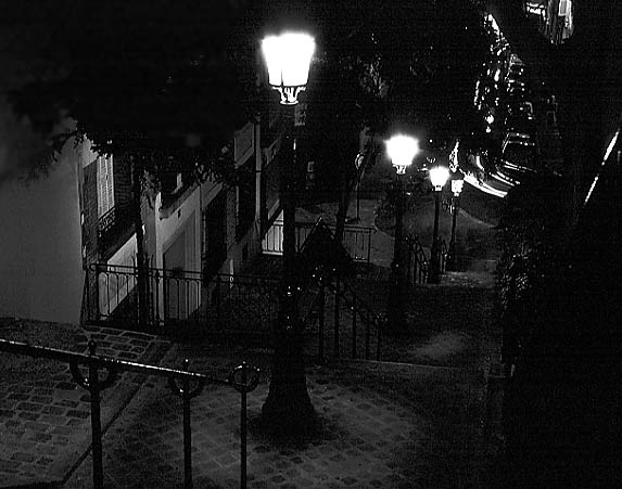 Paris photos in black and white at night - Montmartre - Stairs